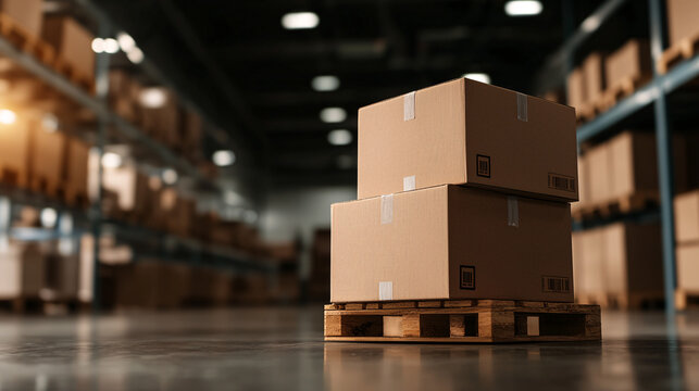 Two sturdy cardboard boxes stacked neatly on a wooden pallet in a warehouse; rows of similar boxes blur in the background, creating a sense of organized inventory and efficient logistics.