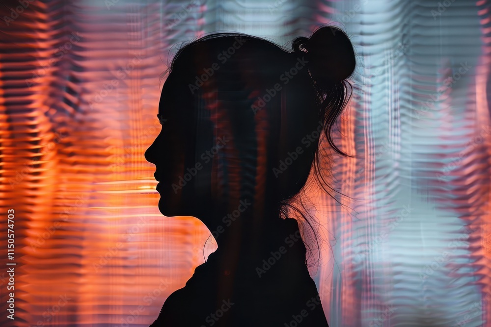 Poster Silhouette of a person against a colorful backdrop with abstract lights and binary code, capturing the essence of technology and digital art