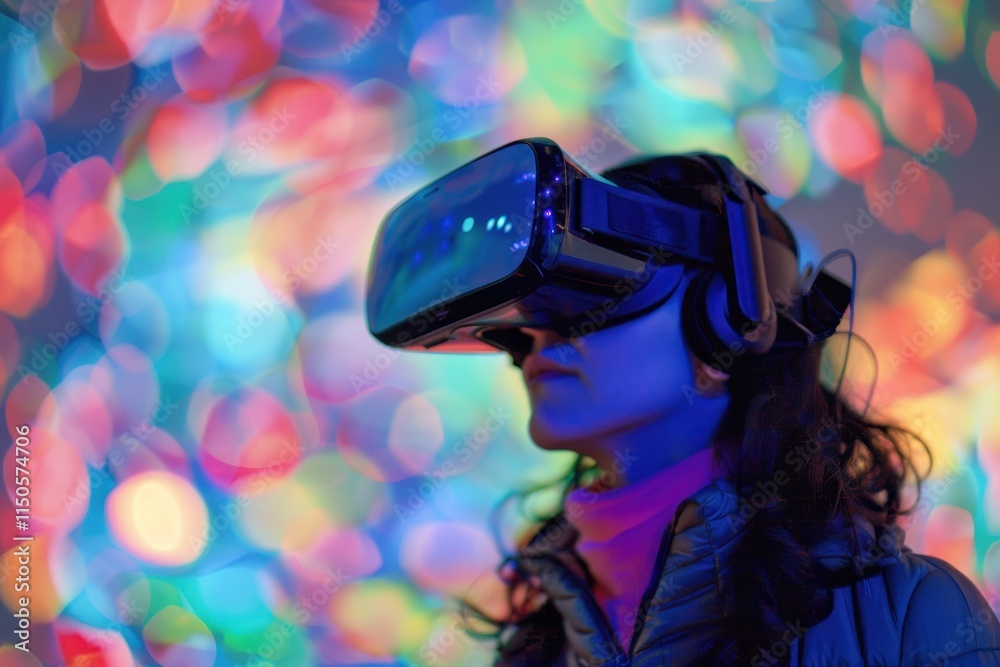 Leinwandbilder exploration of virtual reality technology with colorful lights in the background during an immersive