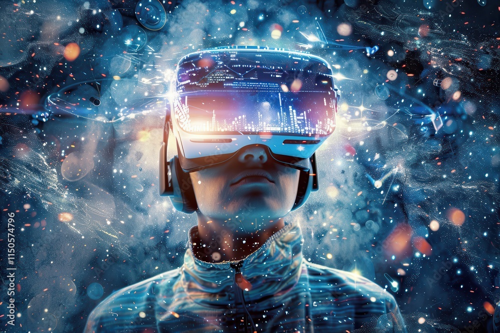 Leinwandbilder exploration of virtual reality technology with colorful lights in the background during an immersive