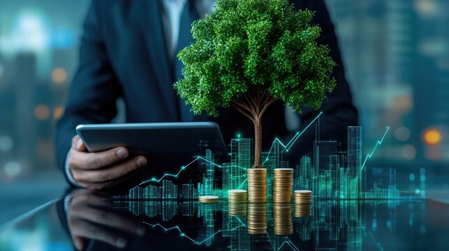A professional holds a tablet while a tree grows from stacks of coins, symbolizing the connection between financial growth and environmental sustainability