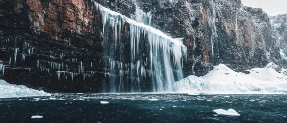 Majestic ice-capped mountains and floating icebergs reflect in calm blue waters at dawn in a serene arctic landscape