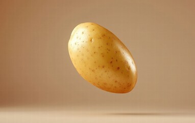 A golden potato levitating mid-air with its skin glistening, on a neutral beige background