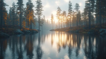 Misty autumn morning forest lake sunrise reflected in water.