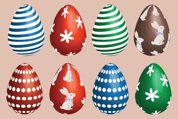 Set of bright and colorful eggs, Happy Easter, vector. Different shapes, circle, stripes, bunny, rabbit, flower