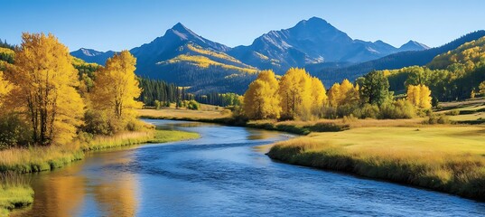 Obraz premium A dramatic autumn landscape with golden aspens lining a winding river, mountains towering in the background, and a crisp, clear blue sky