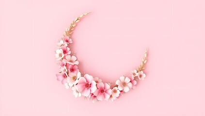 Obraz premium Pink flowers and wheat form a crescent moon shape