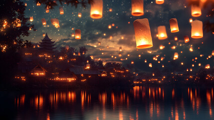 A serene village with floating lanterns drifting into a starlit sky.