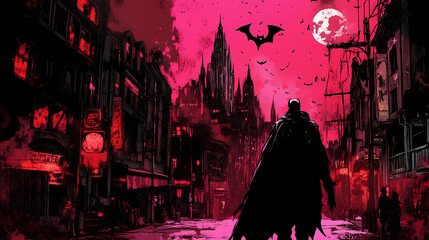 Technologically augmented vampire stalks city on all hallows eve. Hallowed. Illustration