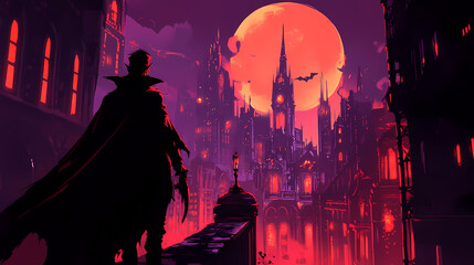 Technologically augmented vampire stalks city on all hallows eve. Hallowed. Illustration