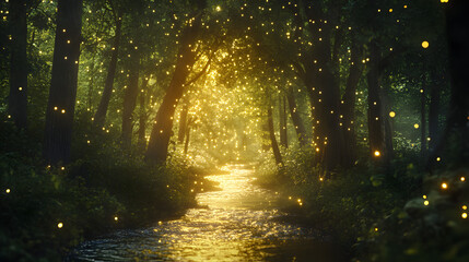 Fototapeta premium A shimmering river of light flowing through a dark enchanted forest.