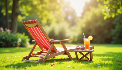Sun lounger with refreshing drink and sunglasses on green lawn under bright sunlight in garden