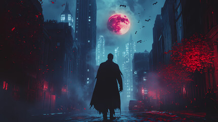 Technologically augmented vampire stalks city on all hallows eve. Hallowed. Illustration