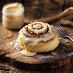 A freshly baked cinnamon roll with a generous swirl of cream cheese frosting, placed on a rustic wooden board, Cinnamon roll centered with icing dripping down the sides