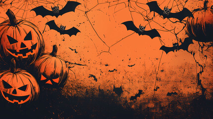 Vintage halloween poster with 3d pumpkins, spider webs, and bats in grungy orange and black - spooky retro design for all hallows' eve, generative ai. Hallowed. Illustration