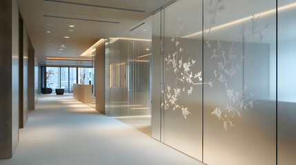 A sleek minimalist space with a hand-drawn symbol etched on a glass partition.