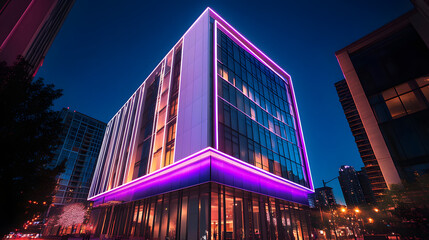 A sleek modern hotel glowing with white and purple lights in a bustling city.