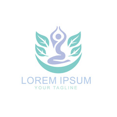 Wellness, Mental Health Yoga logo with green leaves, yoga poses, lotus, Logo and Icon template