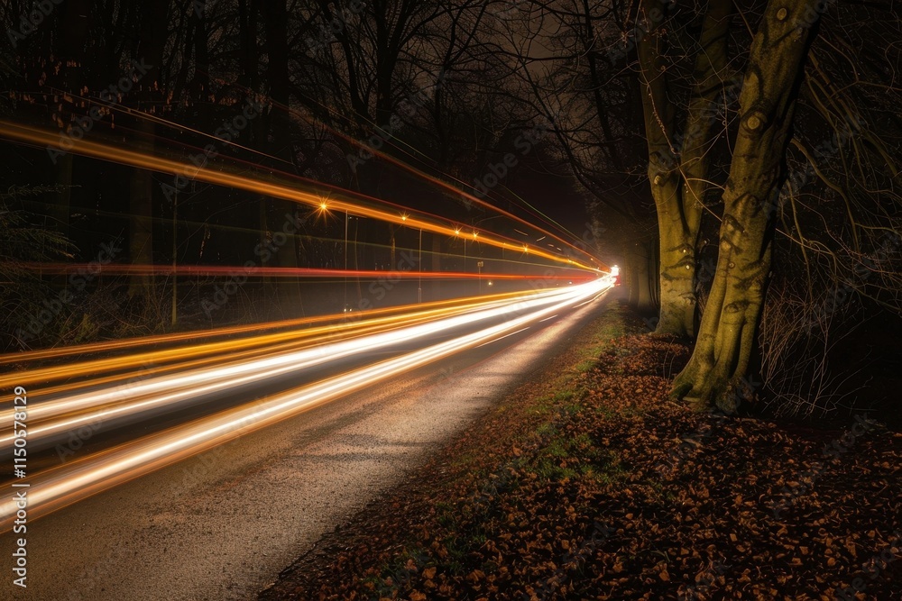 Poster long exposure captures light trails from vehicles on winding road through towering redwood trees at 