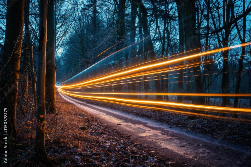 Poster long exposure captures light trails from vehicles on winding road through towering redwood trees at 