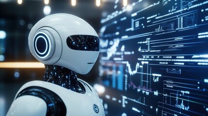 A white humanoid robot with an advanced interface displays data and charts in the background