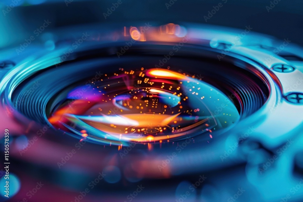 Poster close-up of a camera lens surrounded by colorful water droplets in a vibrant artistic arrangement du