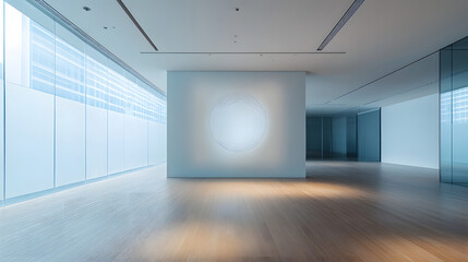 Fototapeta premium A spacious room with a floating glass panel showcasing a hand-drawn symbol.