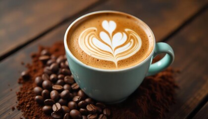 Coffee Mug and Grinded Coffee Beans Concept Photography on wood table
