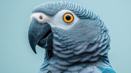 Fototapeta premium Close-up profile portrait of a grey parrot with vibrant orange eyes against a light blue background.
