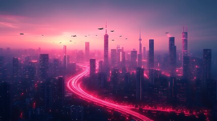 Futuristic Cityscape at Sunset with Flying Vehicles