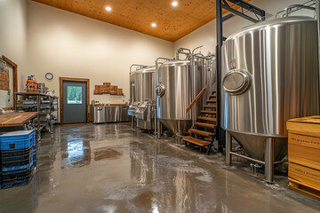 A contemporary brewery features shiny steel tanks and storage areas that highlight brewing