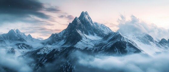 Obraz premium Majestic ice-capped mountains and floating icebergs reflect in calm blue waters at dawn in a serene arctic landscape