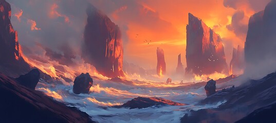 Fototapeta premium A dramatic coastal landscape with steep cliffs, crashing waves below, and the golden light of sunset illuminating the rocky formations 