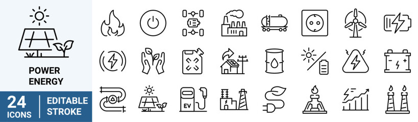 Power and energy web line icons set. Energy generation station. Vector illustration alternative renewable energy sources included solar, tidal, geothermal and biomass Editable strokes