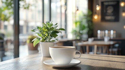 Cozy Cafe Interior With a Cup of Coffee and a Small Green Plant on a Wooden Table During the Morning Hours, Inviting a Relaxed Atmosphere for Patrons
