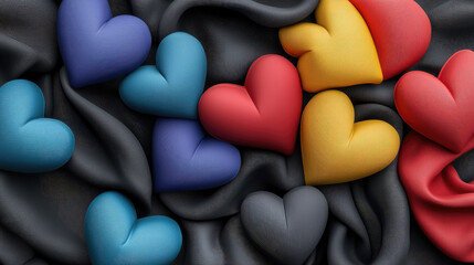 Fototapeta premium Colorful hearts on textured fabric create vibrant and playful scene, evoking feelings of love and joy. arrangement of blue, red, yellow, and black hearts adds depth and interest