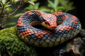 Obraz premium Vivid Coiled Snake with Black, Red, and Yellow Scales Resting on Mossy Forest Floor, Featuring Intricate Details, Natural Surroundings, and Bright Eyes, Symbolizing the Chinese Zodiac Year of the Wood