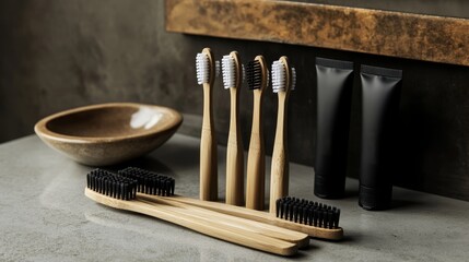 A collection of bamboo toothbrushes and tubes on a countertop, promoting sustainable dental care.