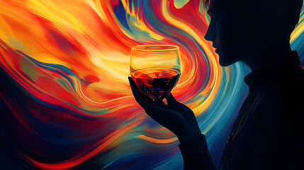 A surreal artwork of a figure holding a glowing swirling liquid in an otherworldly glass.