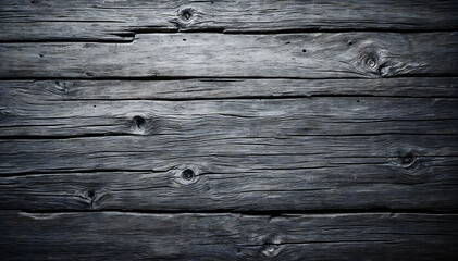 Fototapeta premium Weathered wooden planks with visible grain and knots, in a dark gray monochrome color palette.