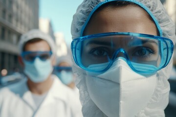 Medical health workers in protective suit, mask, gloves, goggles, face shield. Virus prevention equipment. PPE personal protection. Precaution measures. CDC staff. Asian doctors in PPE biohazard gear