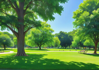 Obraz premium Summer Brings Greenery To The Local Park Surrounded By Lush Trees And Vibrant Grass.