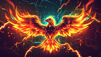 A dynamic design of a stylized thunderbird surrounded by lightning bolts.