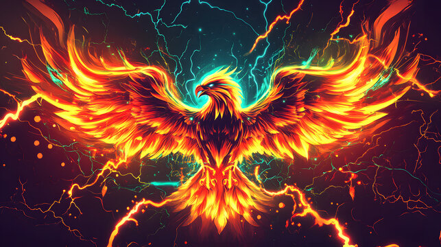 A dynamic design of a stylized thunderbird surrounded by lightning bolts.