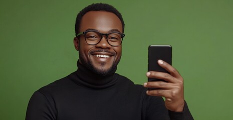 Smiling man in black turtleneck taking selfie against green background