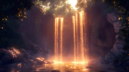 A surreal canyon with glowing waterfalls and radiant vines wrapping the walls.