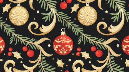 Vector Christmas background with golden swirls and red ornaments 
