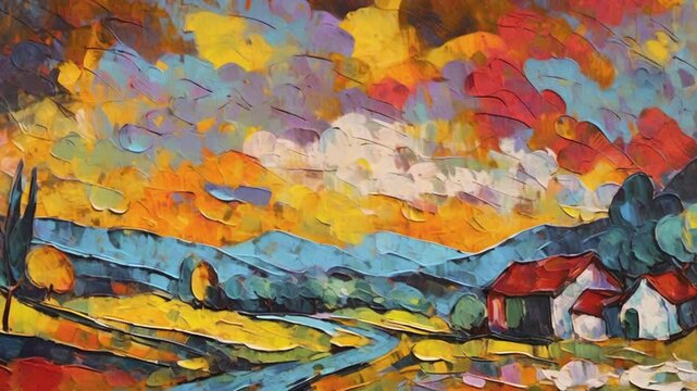 Colorful expressionist countryside. Inside a painting.