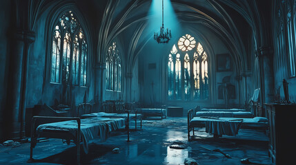 Haunting gothic cathedral medical ward on all hallows eve with eerie atmosphere and unsettling remnants. Hallowed. Illustration