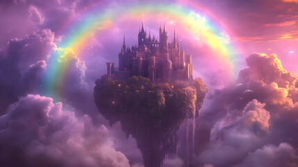A surreal castle floating in the sky surrounded by glowing clouds and colorful rainbows.